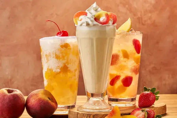 Peach Dirty Soda, Peaches and Cream Milkshake and Peach Berry Freckled Lemonade